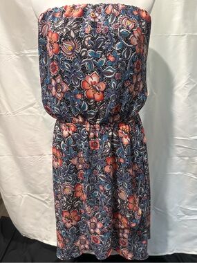 Express Strapless Floral High-Low Dress in Black, White, Coral & Teal